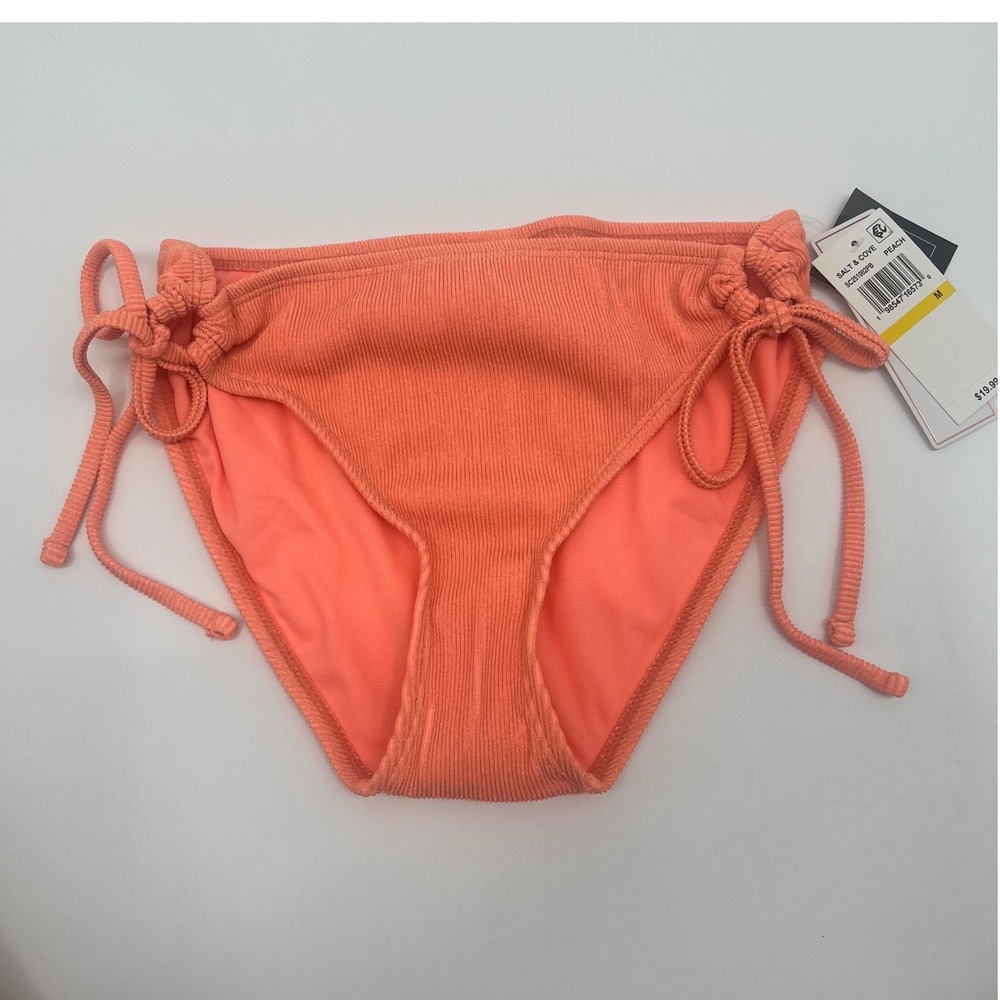 Salt + Cove Peach Ribbed Metallic Side Tie Bikini Bottom SC251002PB Medium